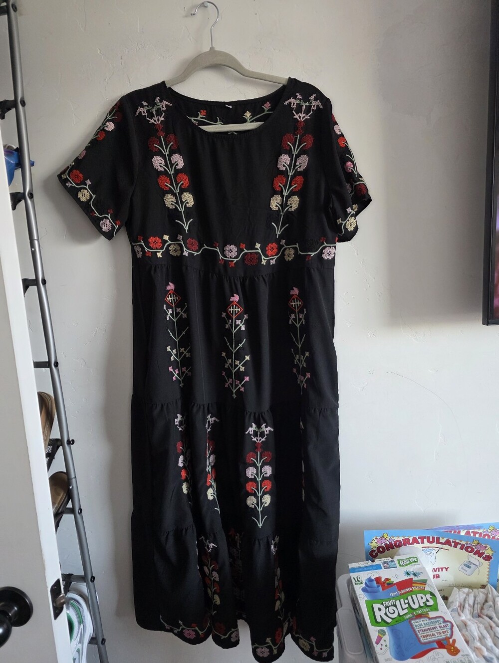 Black Embroidered Maxi Dress with Floral Motif